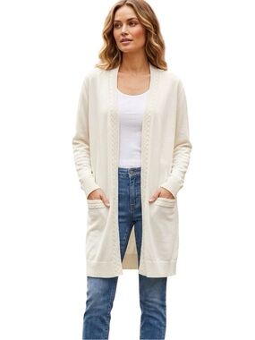 Melissa Paige Cream Cable Trim Open Front Long Cardigan Sweater XL